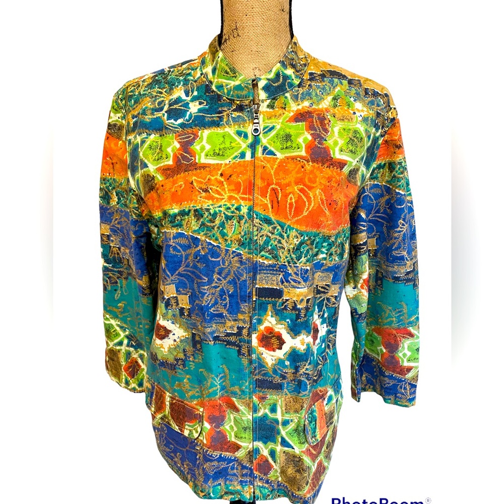 Chico’s Vibrant Print Gold Accent Zipper Jacket -Lightweight Size Chicos 3 (16)